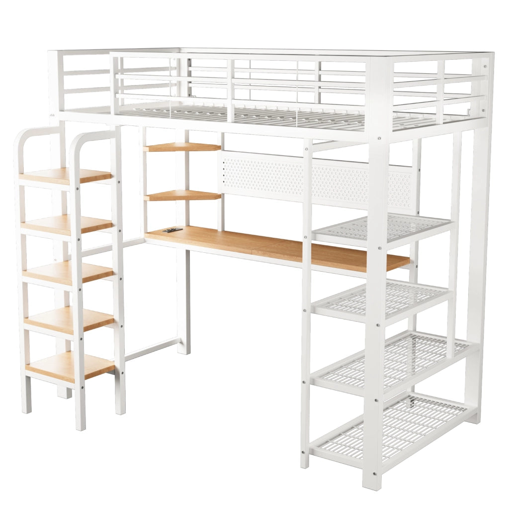 Letto a soppalco 90x200 cm con scrivania, LED e prese in ferro bianco