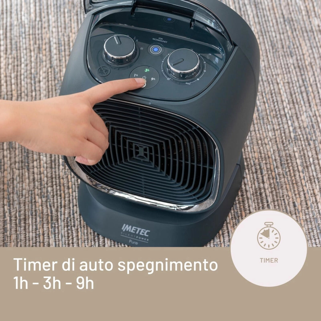 Imetec Silent Power Pure, Termoventilatore silenzioso con ionizzatore e timer di autospegnimento, Stufetta Elettrica, 2100 W, funzione antigelo, temperatura regolabile, 4 funzioni