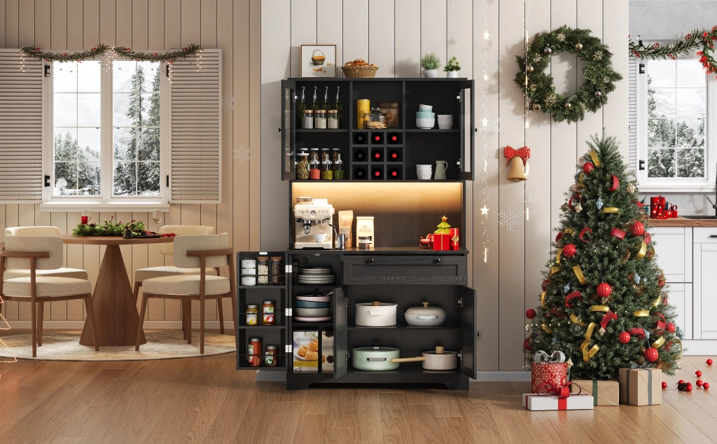 Credenza buffet moderna con LED RGB, prese integrate, ripiani regolabili e vani contenitore, 180 × 105 × 40 cm, nero