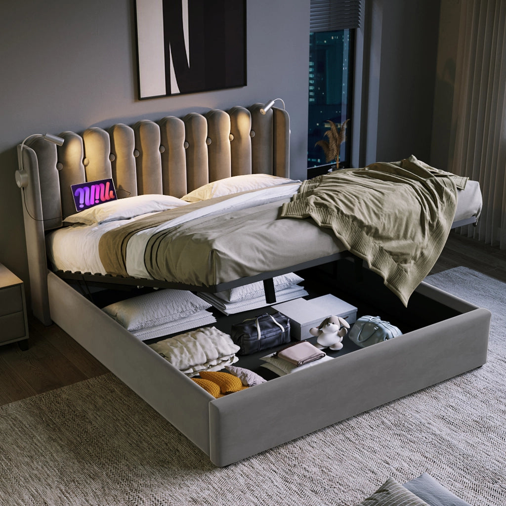 Letti contenitori 140x200 cm con contenitore; luce da lettura e ricarica USB; velluto grigio (Senza materasso)