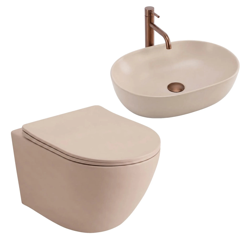 Set Wc Sospeso Focus + Lavabo Da Appoggio Rea Focus Taupe