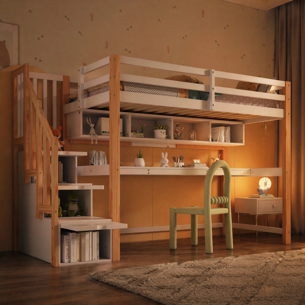 Letto a soppalco per bambini 90x200 cm bianco e rovere