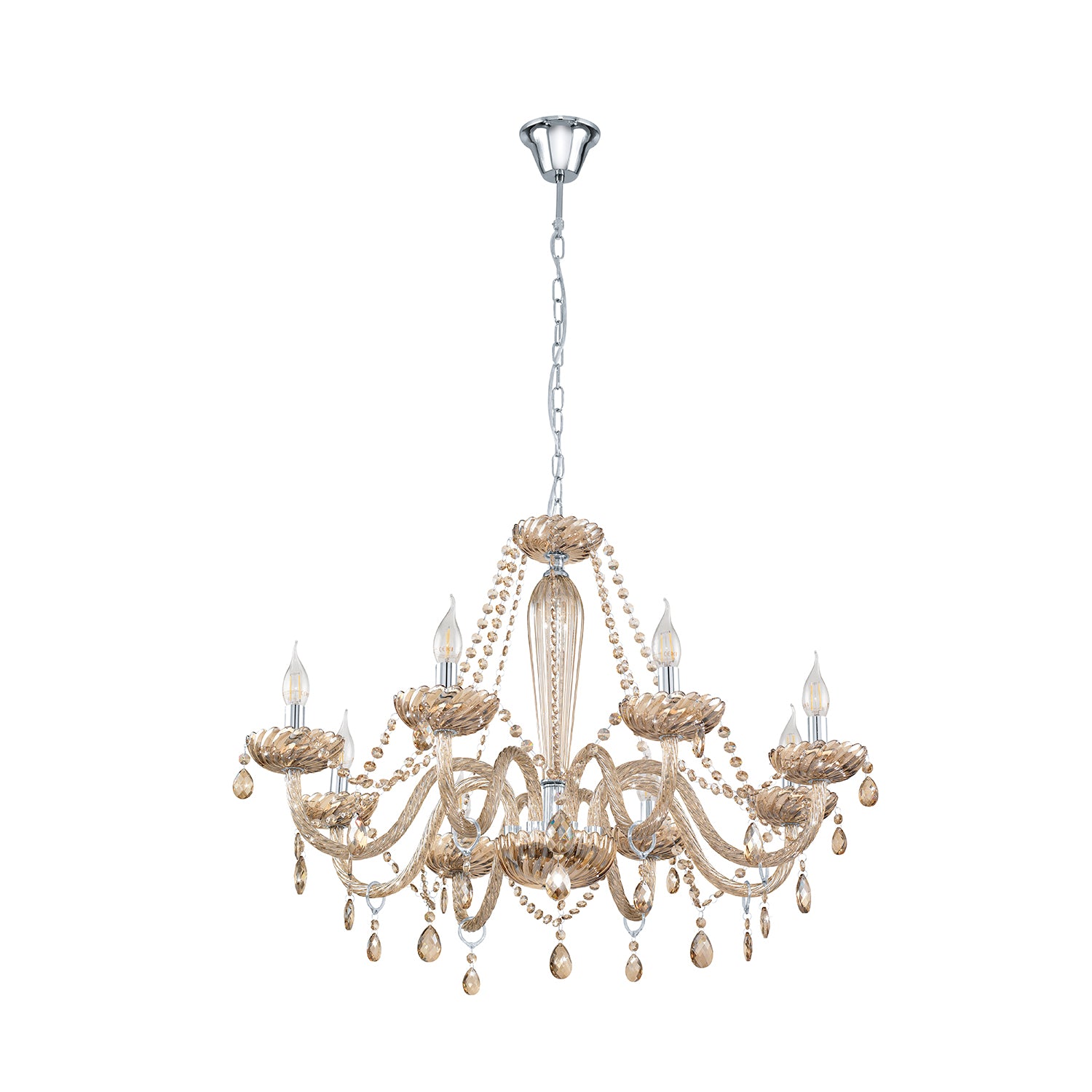 Lampadario A Sospensione Classico Basilano Acciaio Cromo Vetro 8 Luci E14