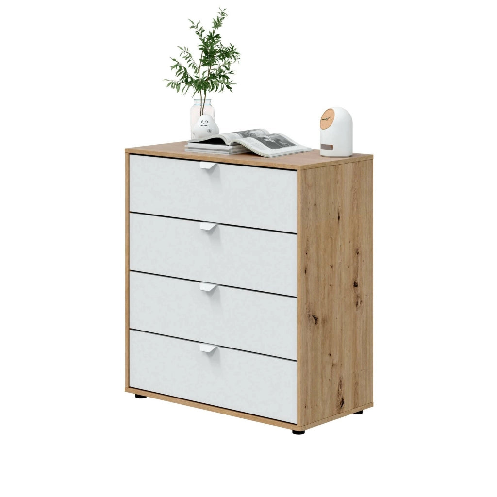 Comodino Spinello, Comò basso, Tavolino da notte, Mensola da letto, 78x40 h86 cm, Bianco e Rovere Nodi