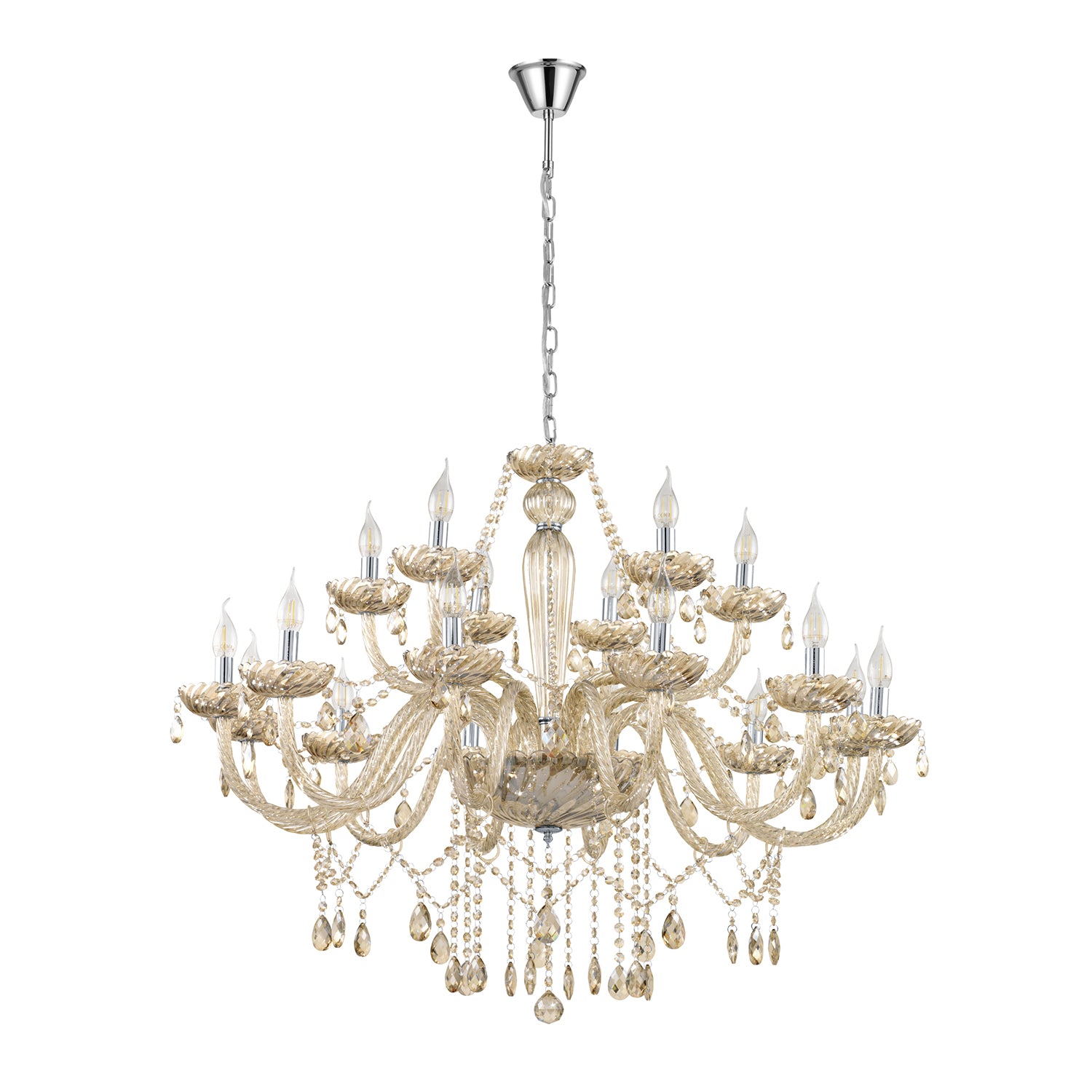 Lampadario A Sospensione Classico Basilano Acciaio Cromo Vetro 18 Luci E14