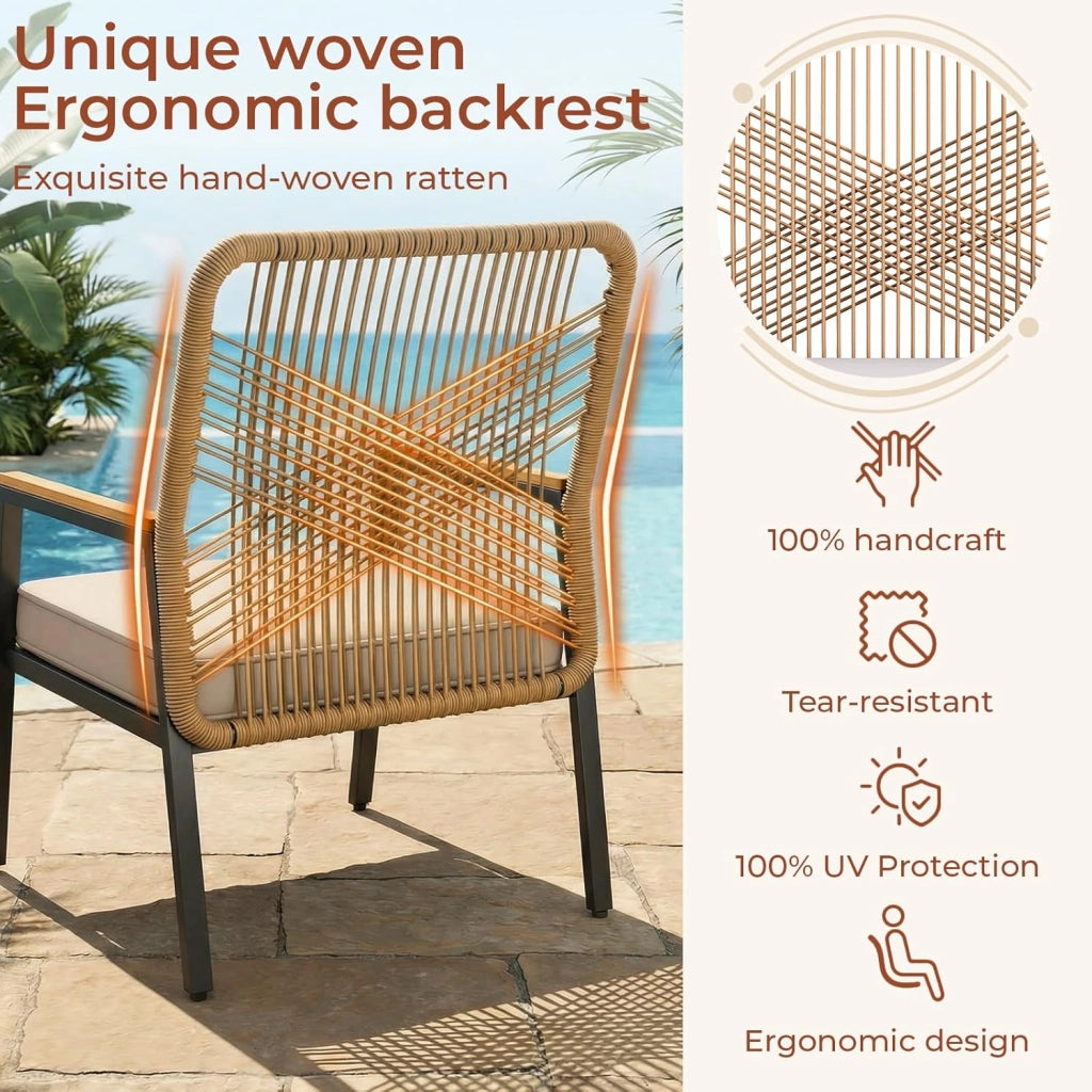 Sedie da giardino in rattan, Set da 2, Sedie da patio resistenti alle intemperie, Sedie da balcone in metallo, Portata massima 160 kg, Braccioli in WPC, Per patio, giardino e veranda, Beige