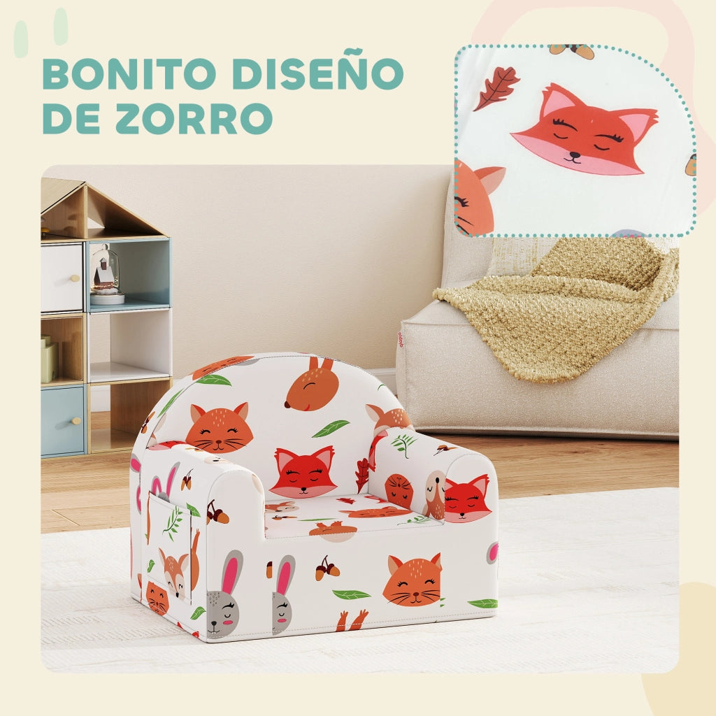 Poltrona Bambini con Stampa Volpe ¨C Xylo ¨C Tessuto Bianco con Tasca 54x40x43cm