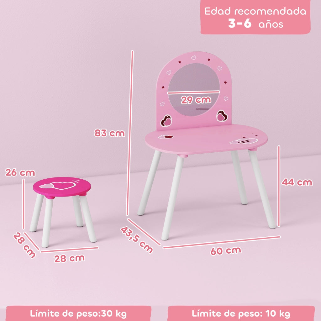 Toeletta per bambini con sgabello e specchio ¨C Xylo ¨C rosa con cuori 3-6 anni