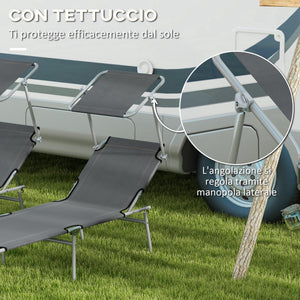 Set 2 Sdraio da Giardino 187x58x36 cm Pieghevoli con Tettuccio Regolabile in Tessuto Oxford e Metallo Grigio