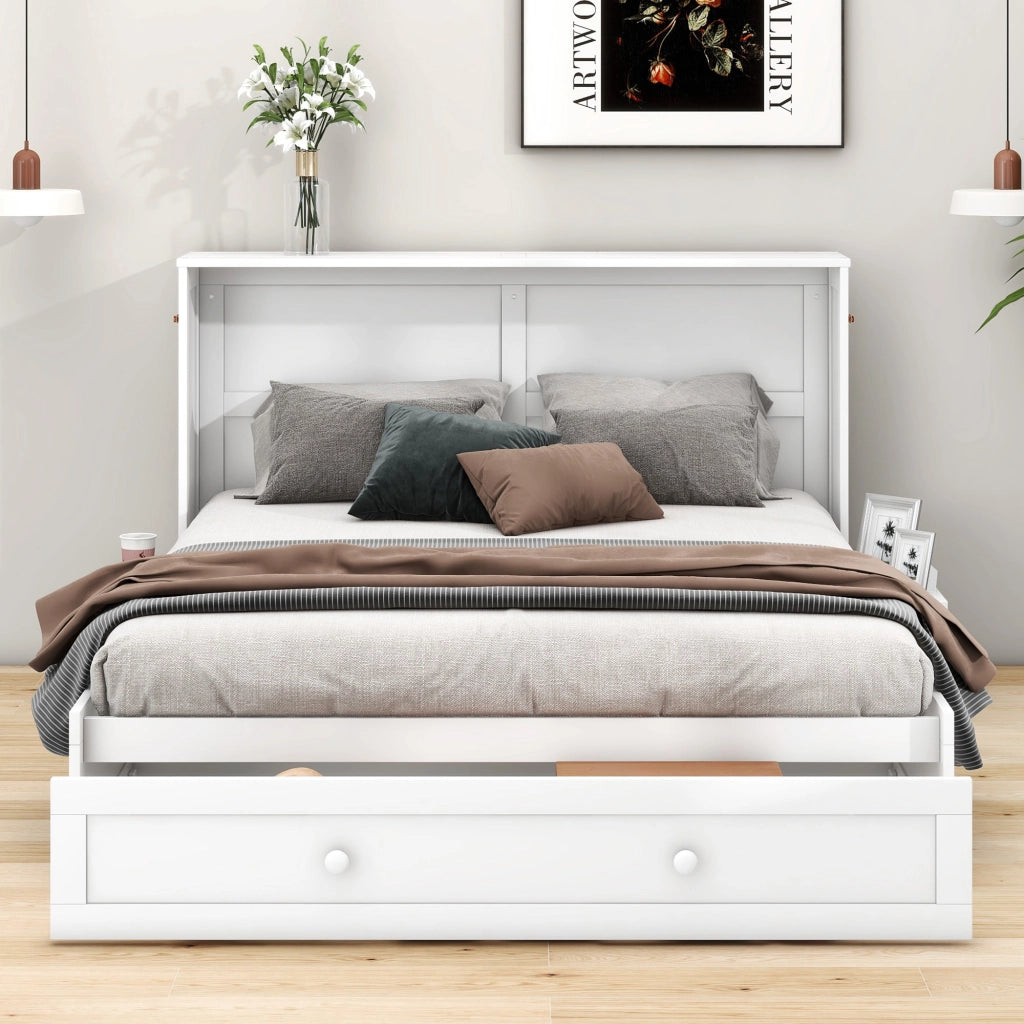 OKWISH Letto a scomparsa 140×200 cm, Letto Matrimoniale con 1 Cassetto e Mensole, senza Materasso, in Pino e MDF, Bianco