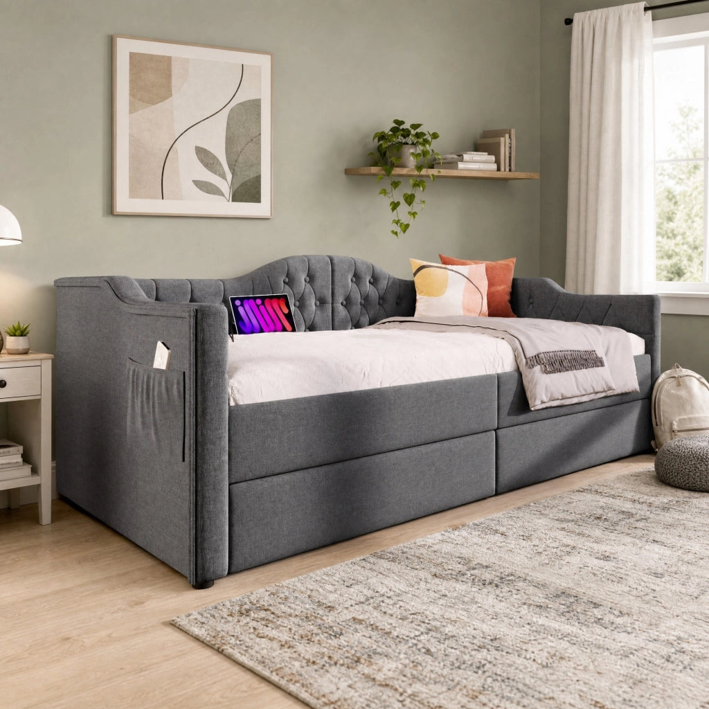 Letto daybed imbottito 90x200 cm in tessuto grigio con 2 cassetti, porta USB e Type-C, senza materasso
