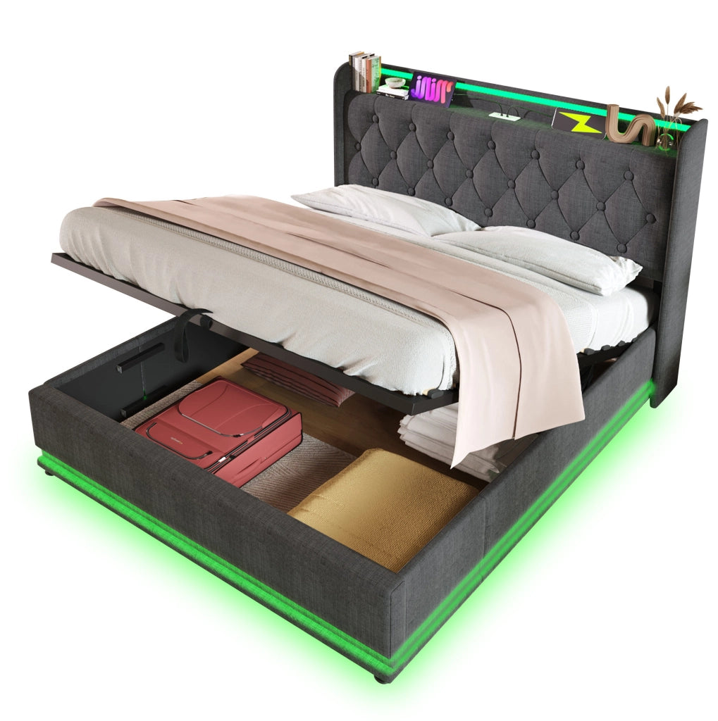 Letto contenitore 160×200 cm grigio con LED e USB