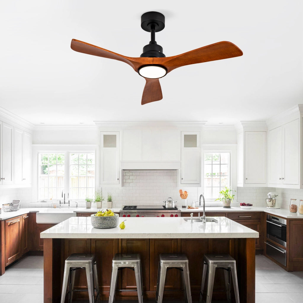 Ventilatore da soffitto con luce 42 pollici; 3 pale in legno noce; nero e noce scuro