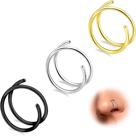 Set di anelli per naso in argento, oro e nero, 20 gauge, 3 pezzi, 8 mm/10 mm