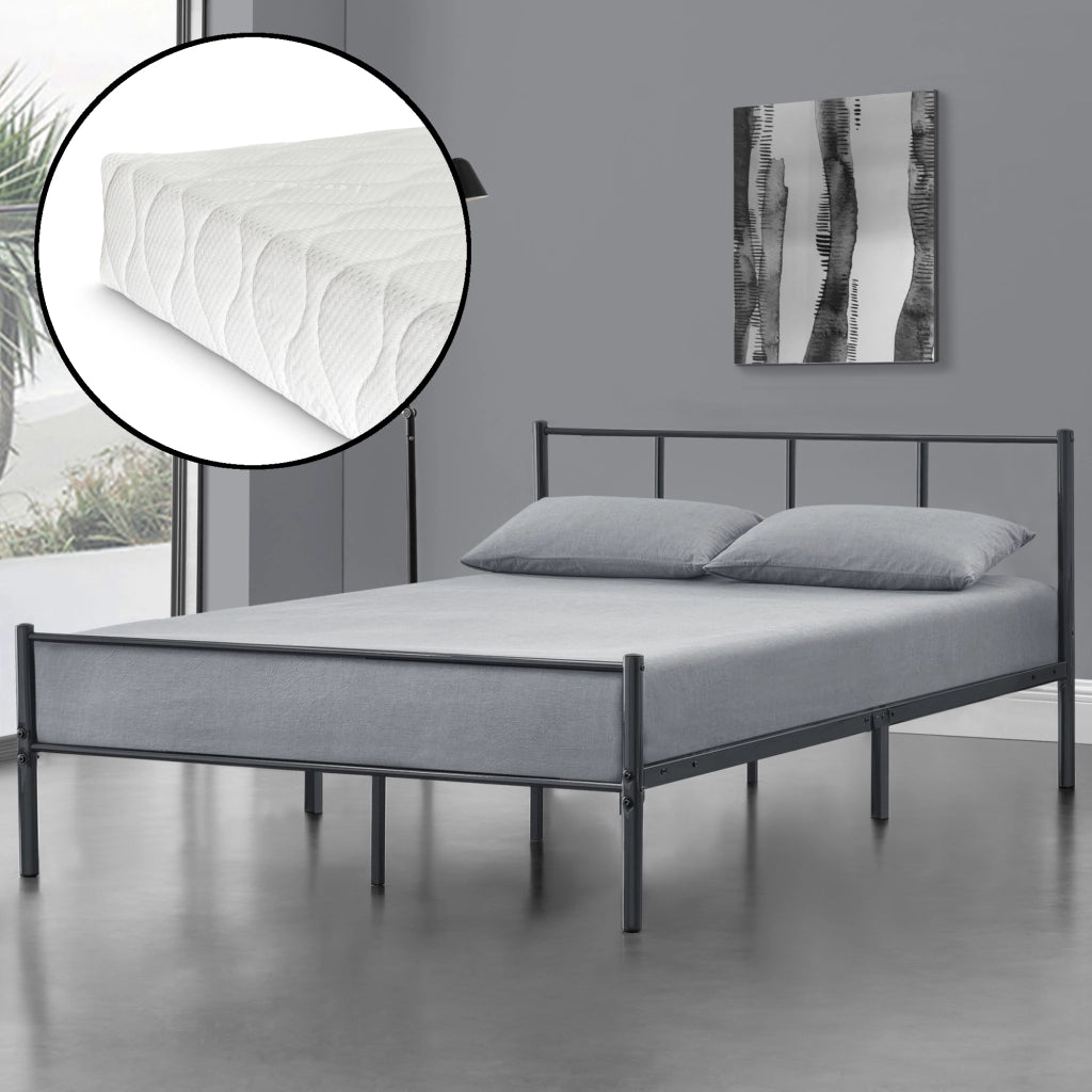 Struttura Letto in Metallo con Testiera e Pediera con Materasso a Schiuma Fredda 120 x 200 cm Letto 1 Piazza e Mezza per Adulti/Ragazzi - Grgio Scuro