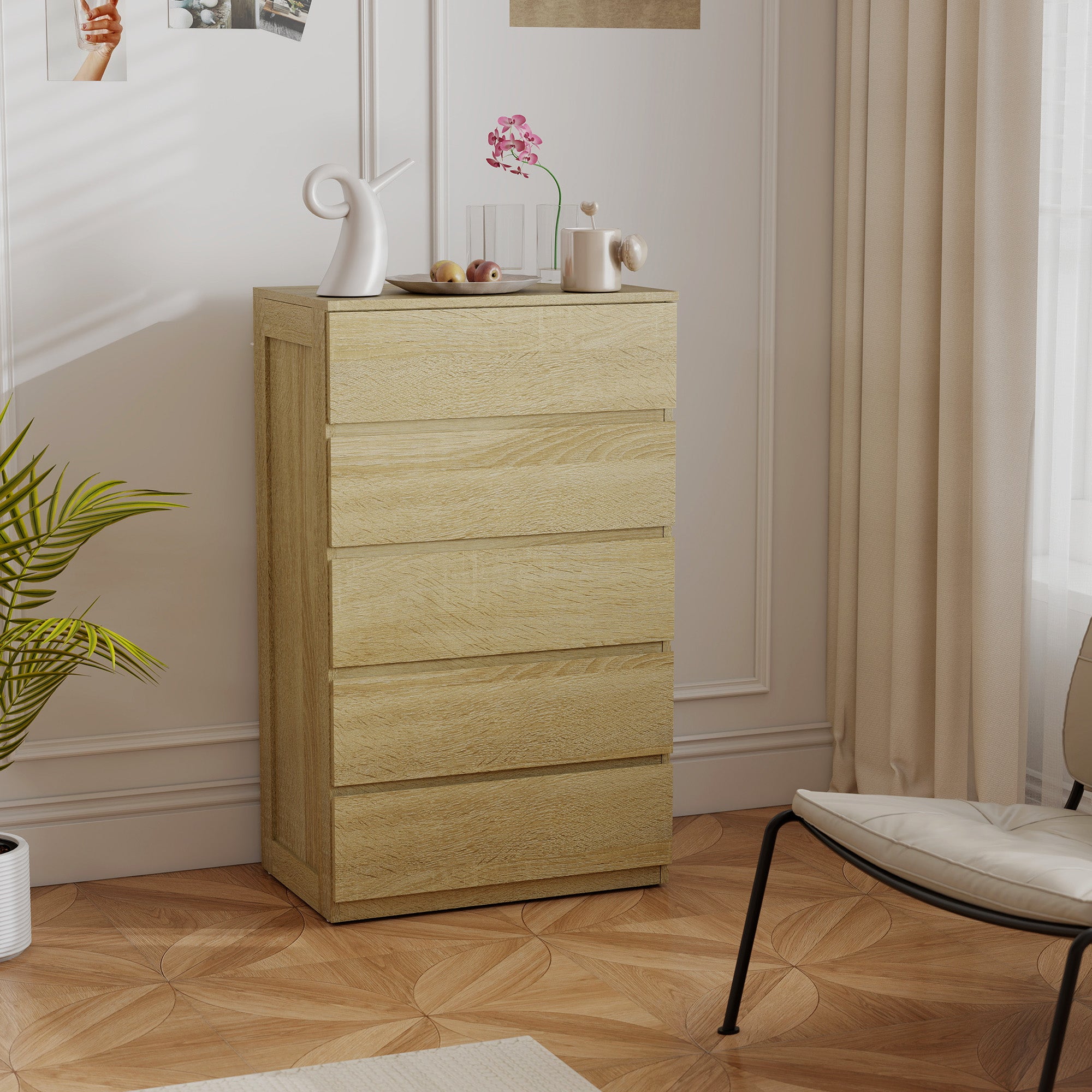 Cassettiera 5 Cassetti 60x39x100 cm in Legno con Guide in Metallo e Maniglie Scanalate color Faggio