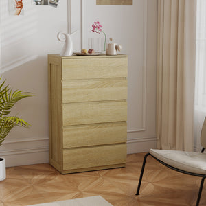 Cassettiera 5 Cassetti 60x39x100 cm in Legno con Guide in Metallo e Maniglie Scanalate color Faggio