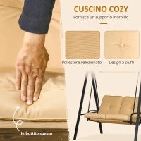 Dondolo 2 Posti in Acciaio e tessuto Teslin con Tettuccio Regolabile e Cuscini, 138x106x174 cm, Beige