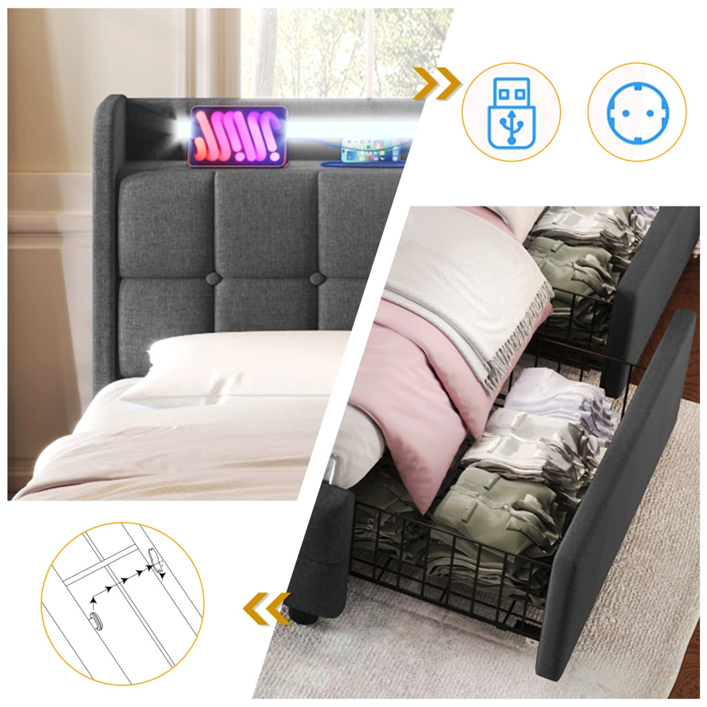 LETTO 160x200 cm Grigio in legno con 4 cassetti, LED, USB e prese
