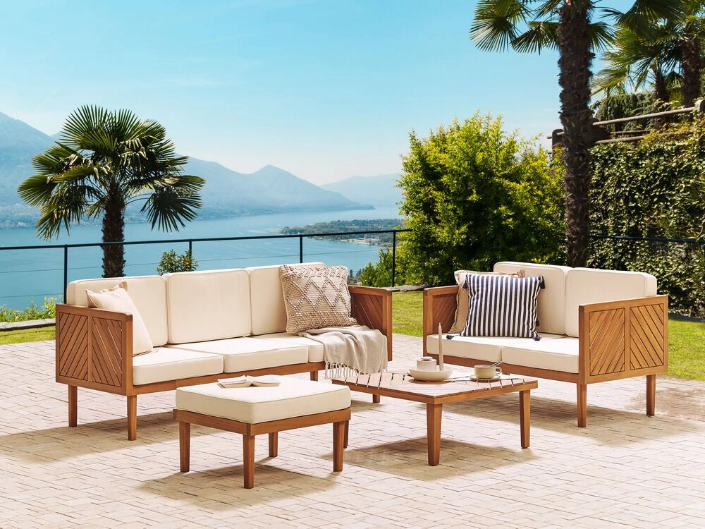 Set divani da giardino in legno di acacia tavolino pouf 5 posti design moderno set conversazione per esterni