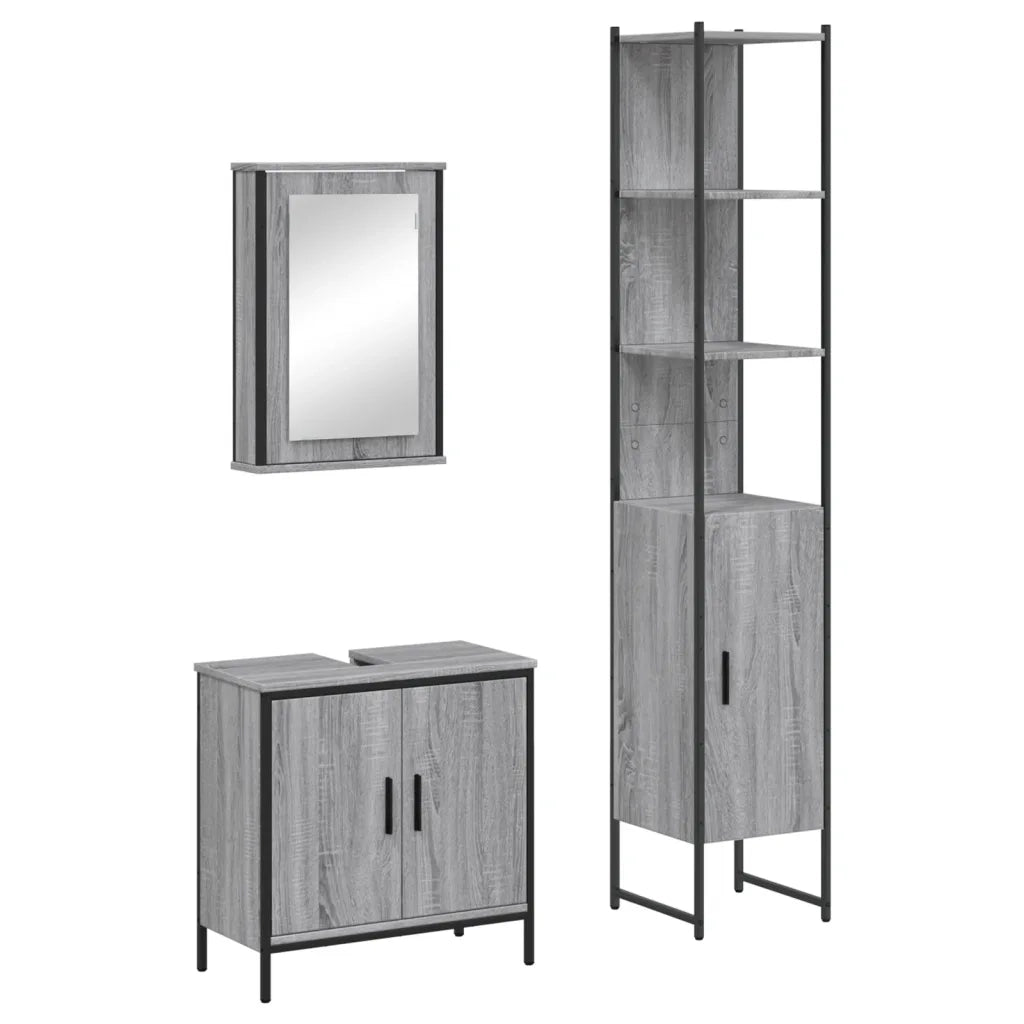 Set Mobili da Bagno | Armadio da bagno 3 pz Grigio Sonoma in Legno Multistrato