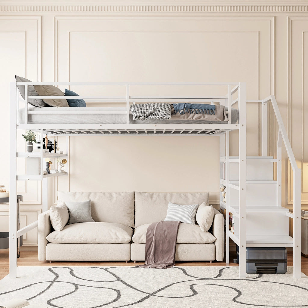 OKWISH Letto a Soppalco 140×200 cm, Letto Matrimoniale con Mensole, Scala Contenitore e Sponda, senza Materasso, in Metallo, Bianco