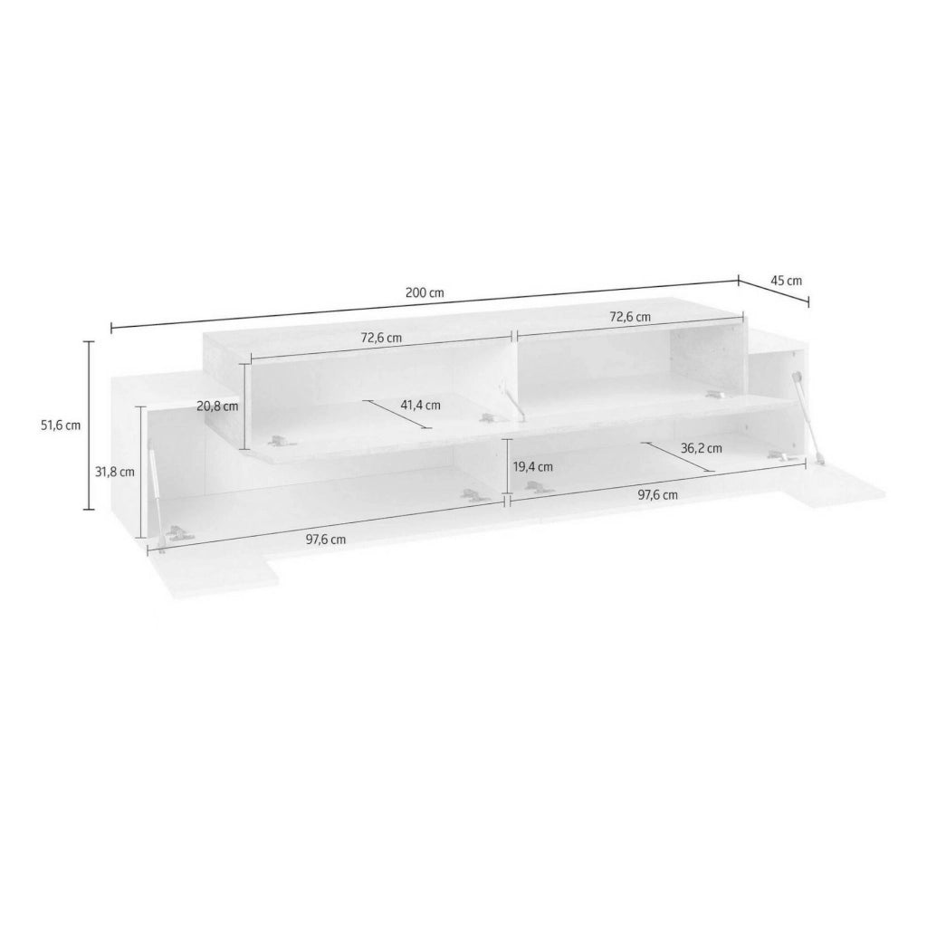 Mobile porta TV Arold, Credenza bassa da soggiorno, Base porta TV, 100% Made in Italy, cm 200x45h52, Bianco lucido