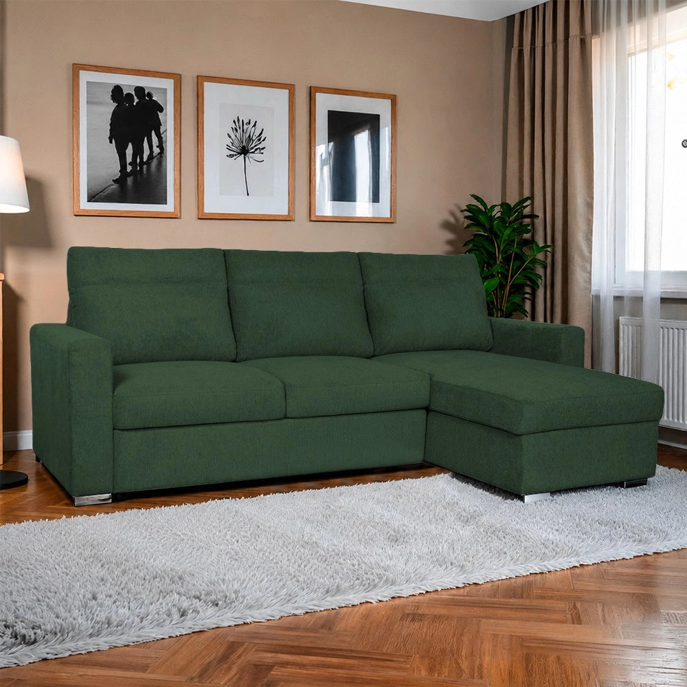 Divano Elba verde con Letto Estraibile e Penisola Contenitore Reversibile – Comfort e Versatilità per Ogni Giorno