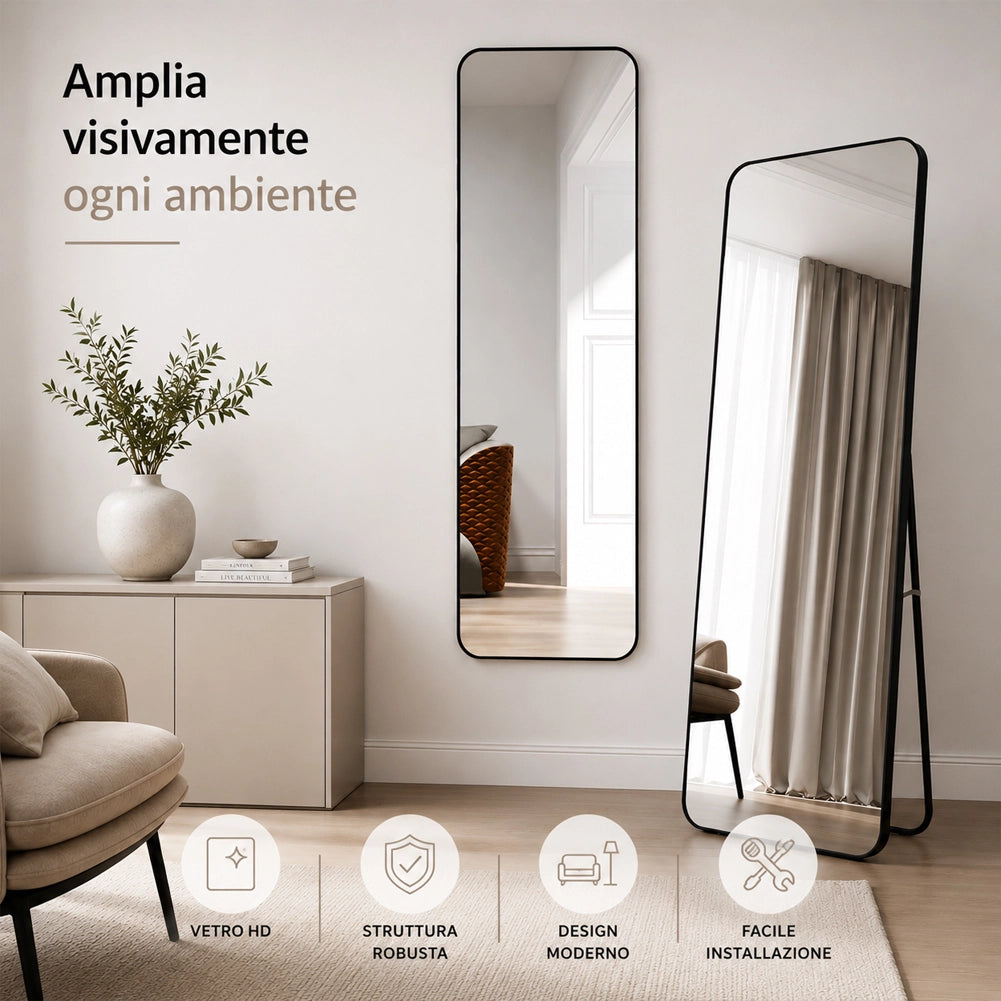 Specchio da Terra e da Muro Rettangolare Nero Decorazione Interni 155x45 cm