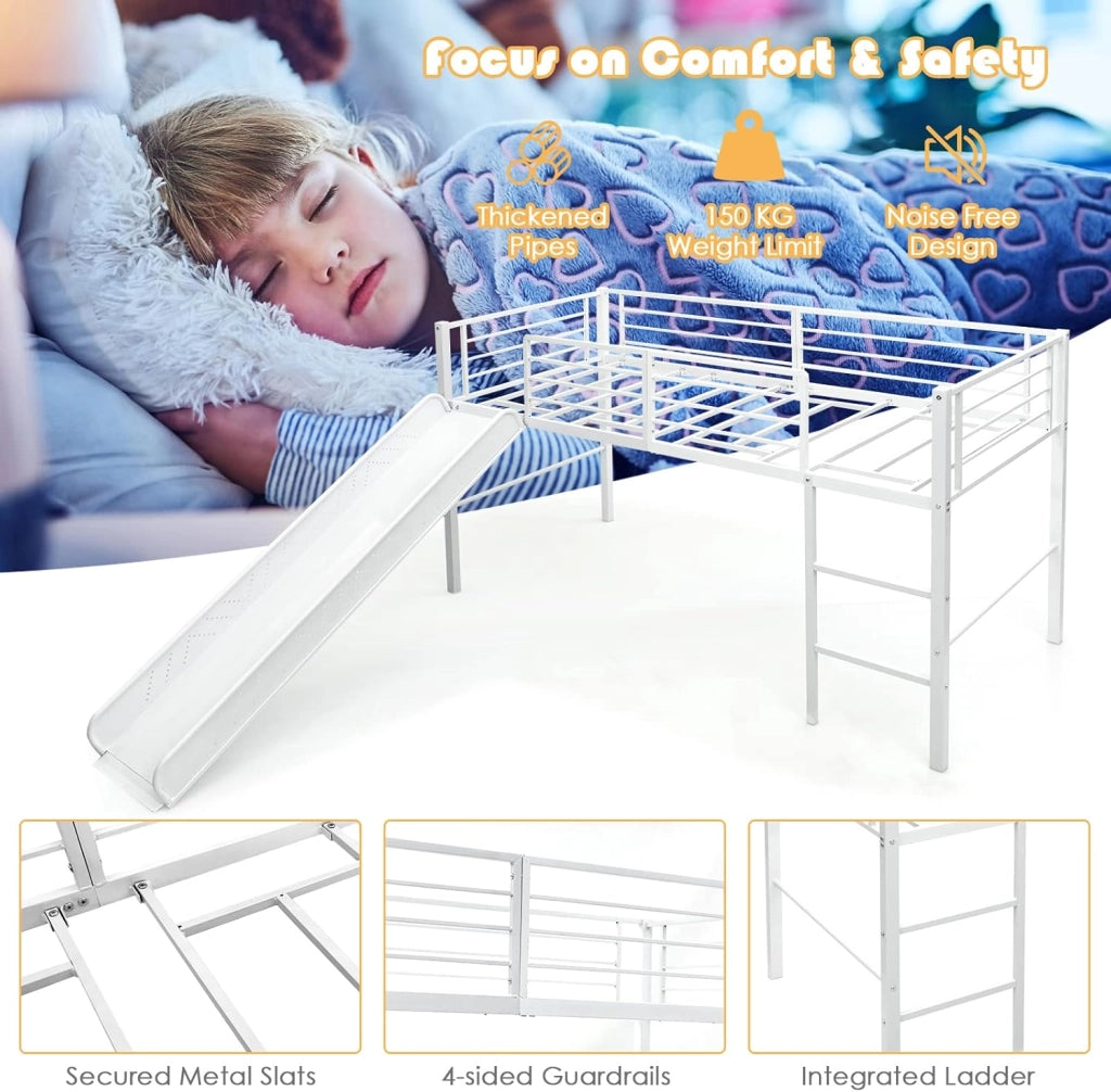 Letto a Soppalco per Bambini con Scivolo E Protezione Anticaduta e Scaletta, Struttura Letto in Metallo 96x198x109cm, Letto a Castello con Rete a Doghe, Fino a 150 kg (Bianco)