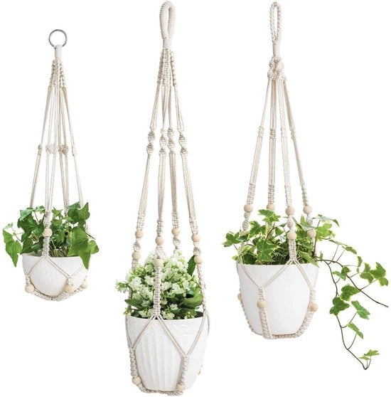 Set di 3 cesti per piante in macramé - Filo di cotone - Sospesi per interni