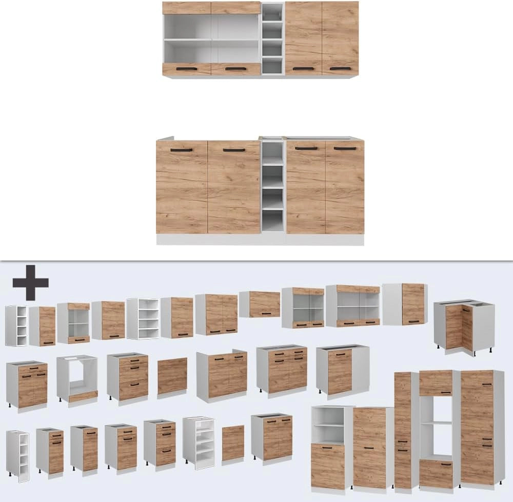 Cucina completa R-Line, Quercia dorata/bianco, 160 cm PL Marmo, con disposizione flessibile dei moduli ed espandibile