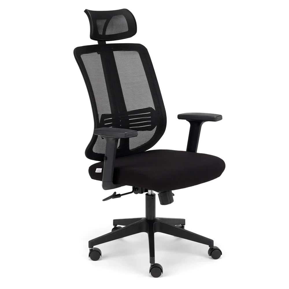 Sedia Girevole da Ufficio Nairobi, massima ergonomica, schienale alto con supporto lombare reclinabile, poggiatesta regolabile, rete traspirante, alzata a Gas, colore Nero