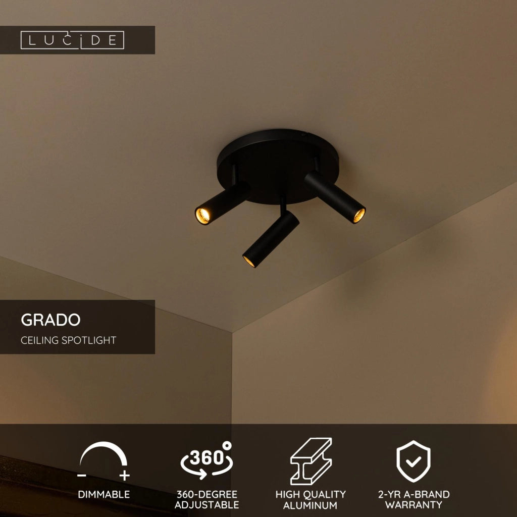 Faretto soffitto GRADO 3 luci nero rotondo MR11 Lucide