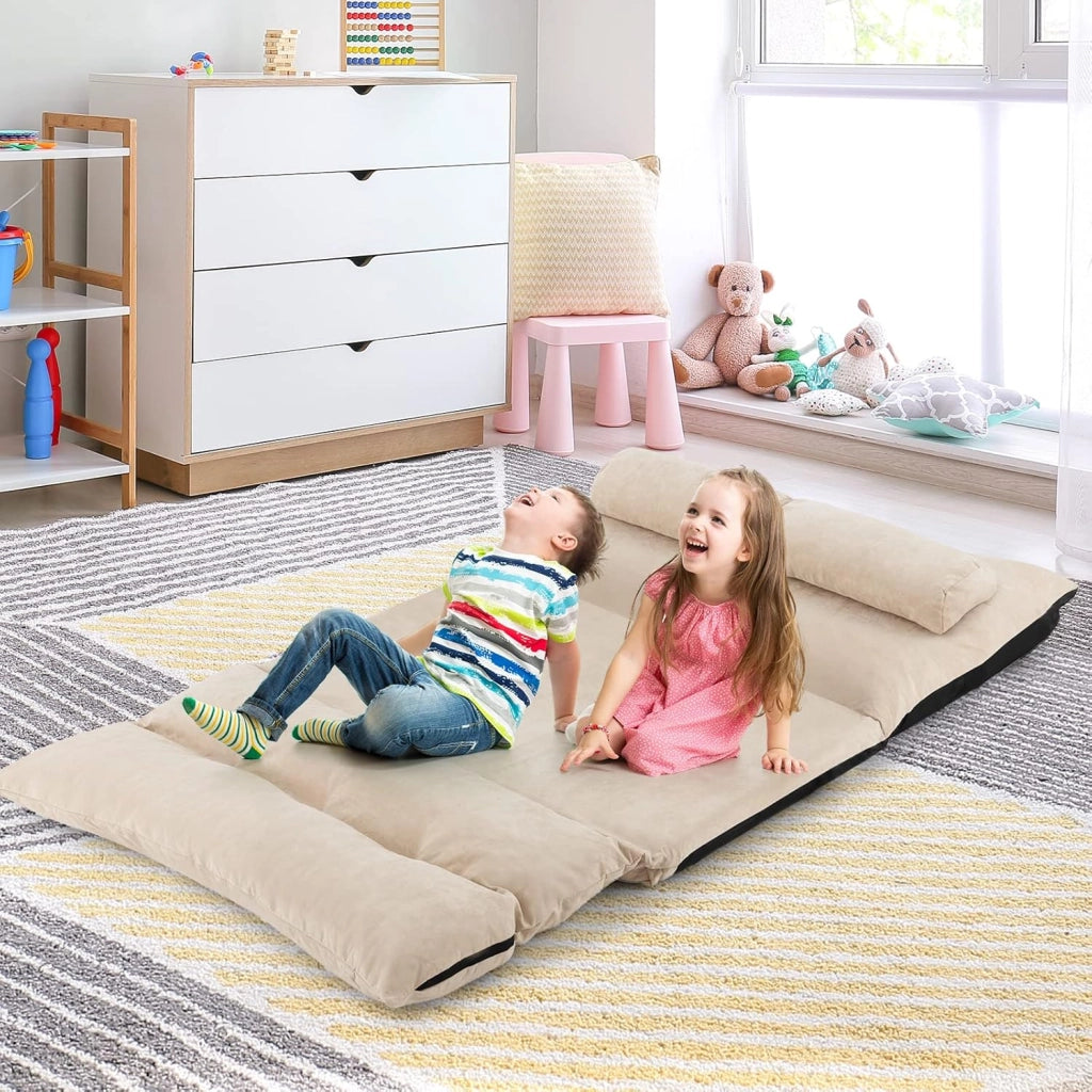 Divano da Terra Pieghevole, Divano Letto 2 Posti con Schienale Regolabile, Divano da Pavimento Trasformabile con 2 Cuscini per Camera da Letto Salone Balcone (Beige)
