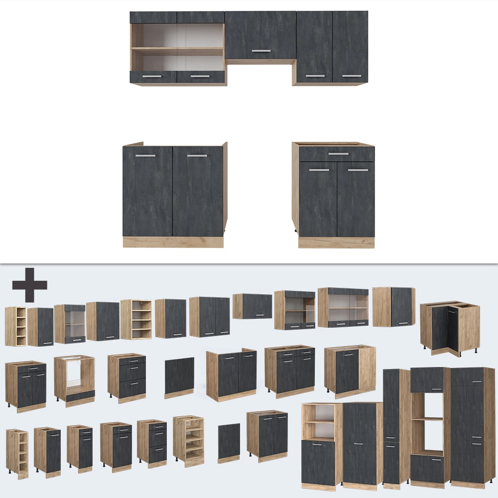 Mobile da cucina R-Line Calce nera/Rovere dorato 200 cm PL Rovere Vicco