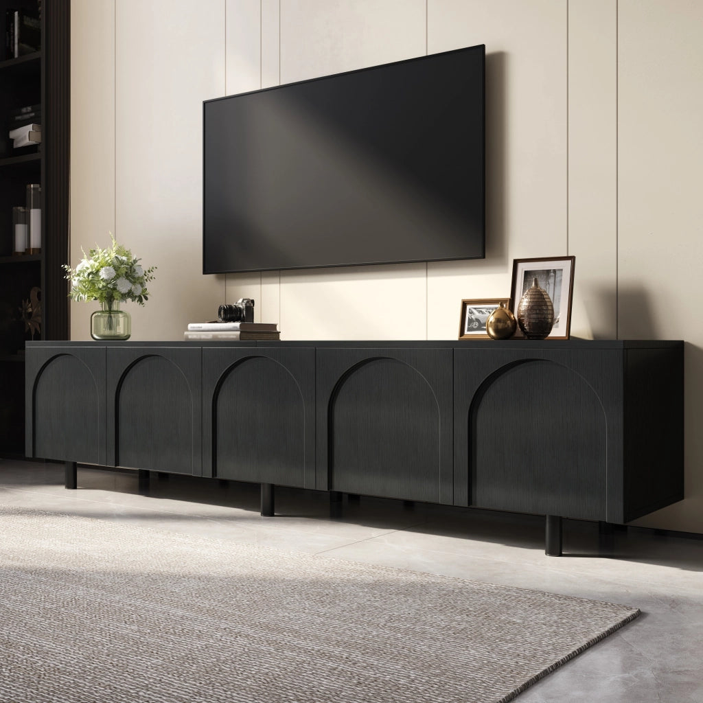 Mobile porta TV con 5 ante, fori passacavi e piedini in metallo, per soggiorno, in MDF e PB, nero, 180 × 38 × 45 cm