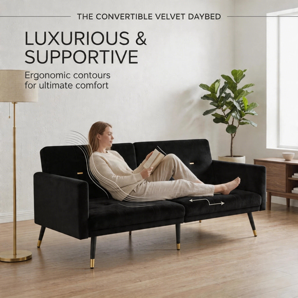 Divano letto 2 posti con schienale regolabile in velluto nero 164 × 89 × 70 cm