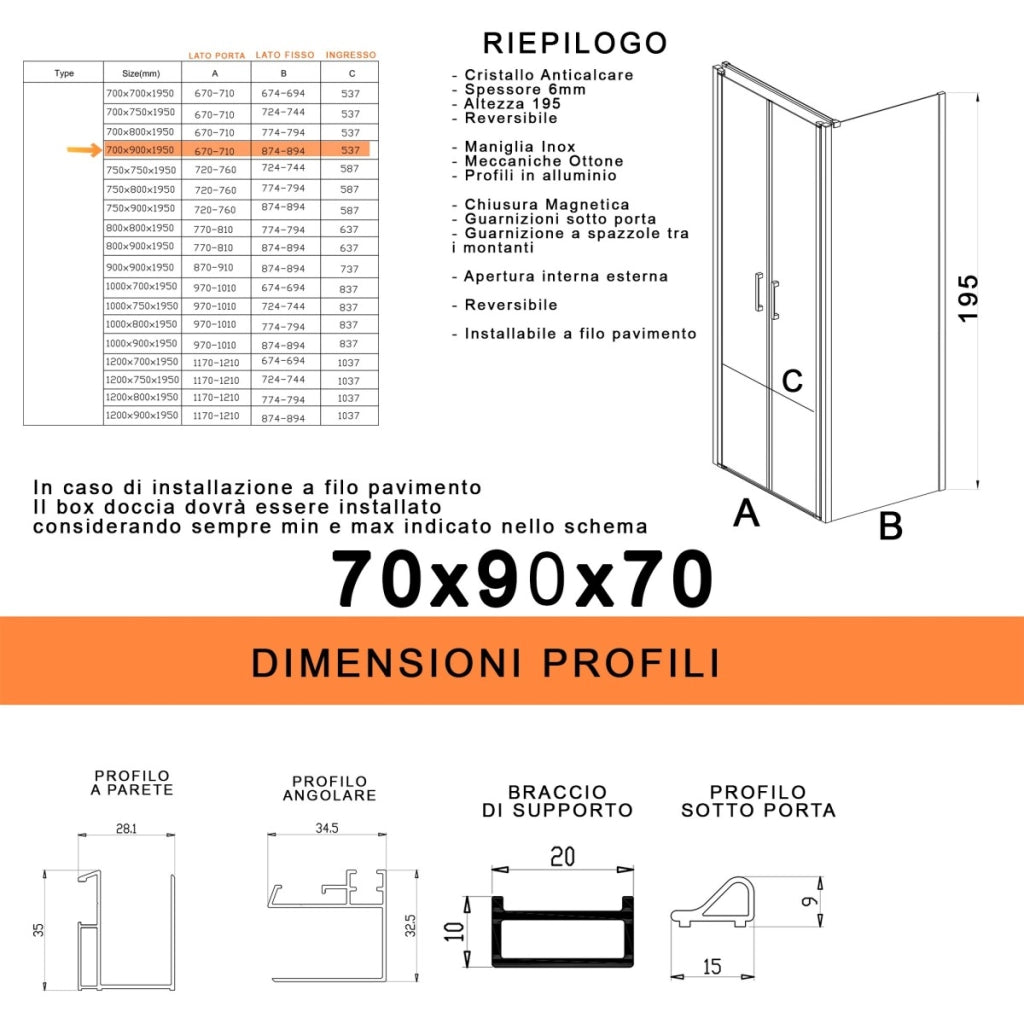 Box doccia saloon tre lati senza profili trasparente 6mm h195 dobla, misura 70x90x70