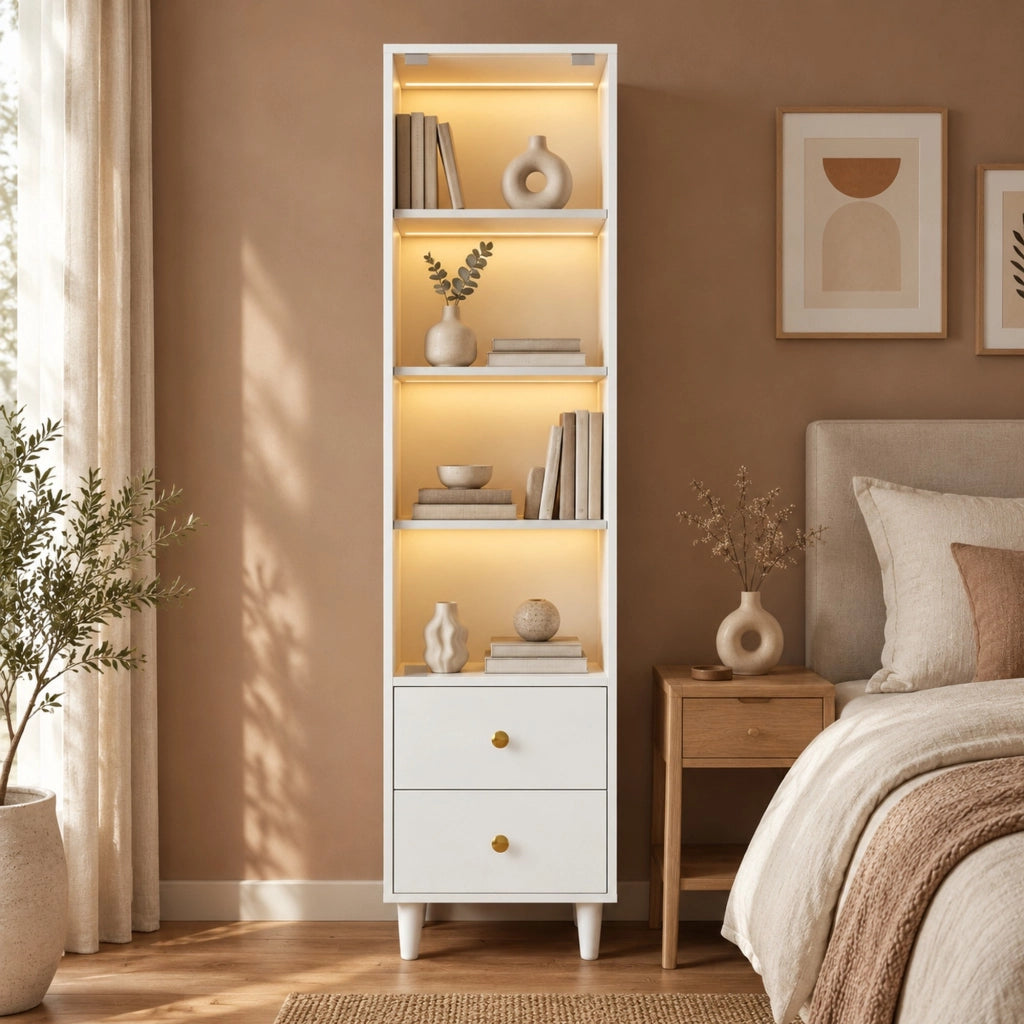 Vetrina bianca in MDF e vetro con illuminazione LED; 2 cassetti