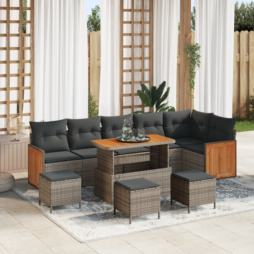 Set Divano da Giardino  da 10 pezzi con Cuscini Grigio Polirattan Acacia