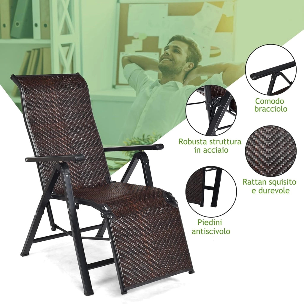 Sedie Pieghevoli e Reclinabili in Rattan, Chaise Longue Portatile con Schienale Regolabile, Sedia a Sdraio da Esterno con Braccioli Ampi, Struttura in Acciaio, per Interno ed Esterno (1)