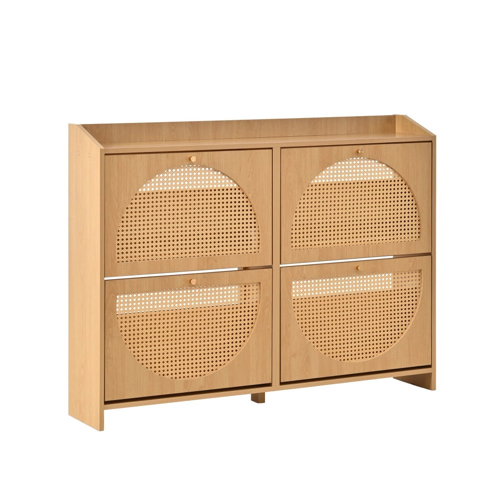 Scarpiera da ingresso 120x24x90 cm con 8 scomparti; 4 ante a ribalta; 2 ganci; MDF naturale
