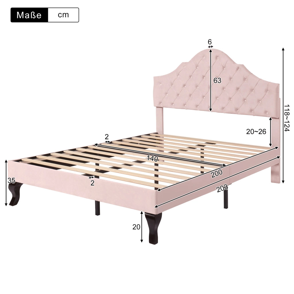 Letto imbottito 140x200 cm con rete a doghe e testiera regolabile; velluto rosa
