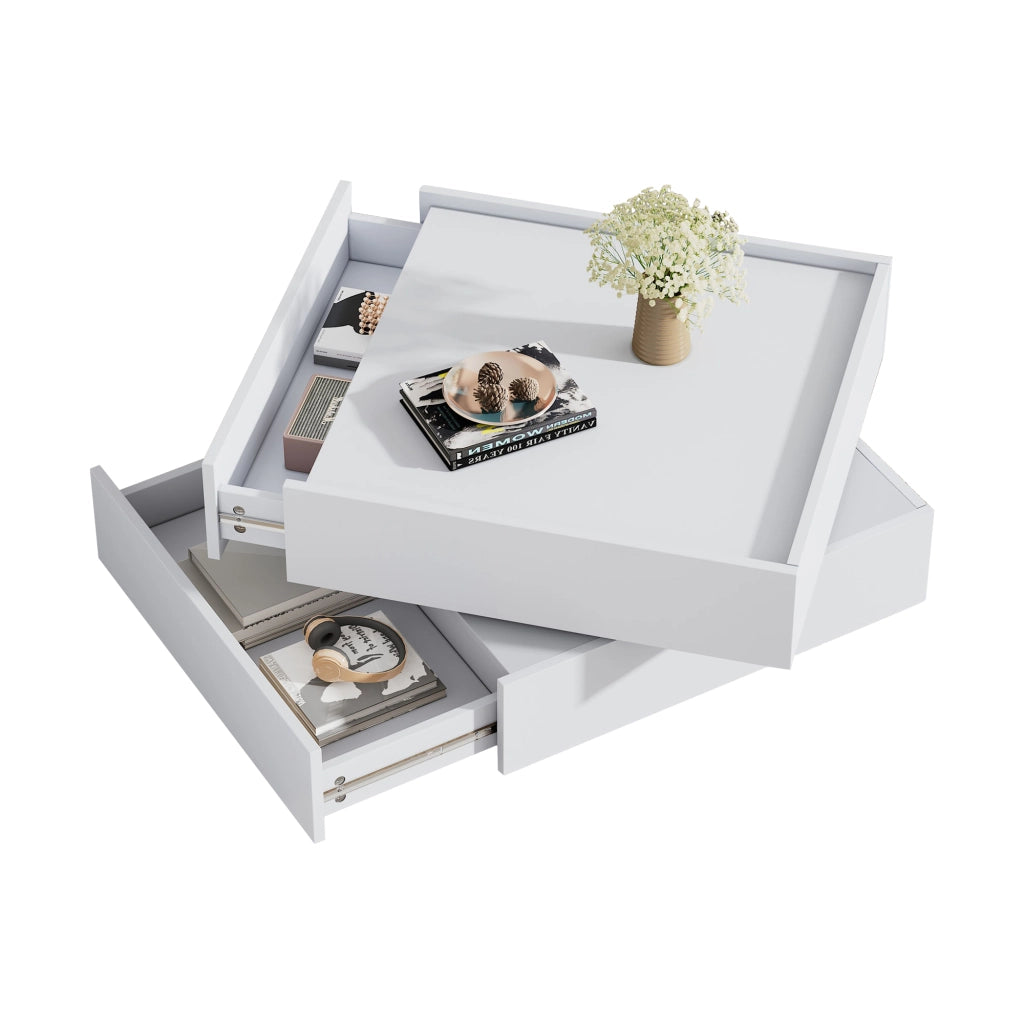 Tavolino da caffè girevole 360°, bianco, con 2 cassetti e vano contenitore, 60×60×38 cm