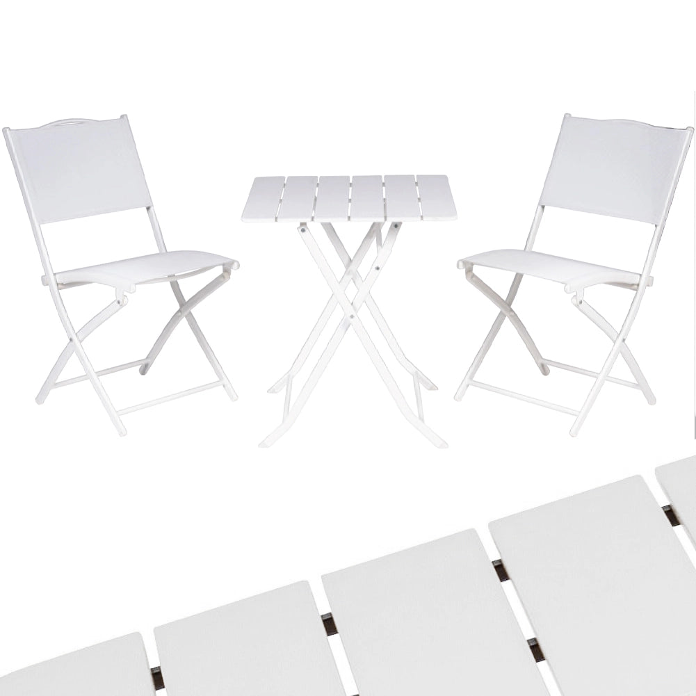 Set Tavolo Pieghevole con 2 sedie Bianco Arredo Esterno Giardino in Acciaio e PE