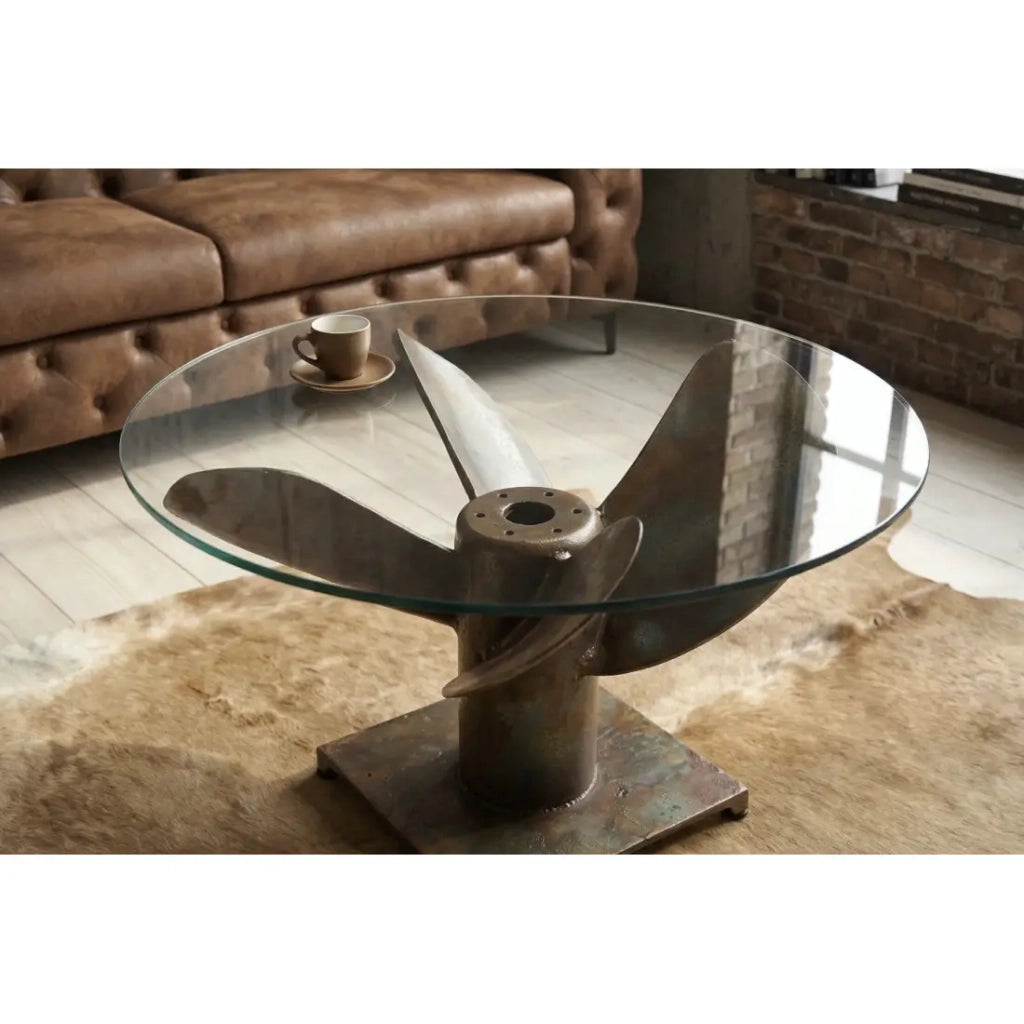 Tavolino basso ALUMIA rotondo 70 cm in vetro temperato e alluminio finitura rame - design industriale elica