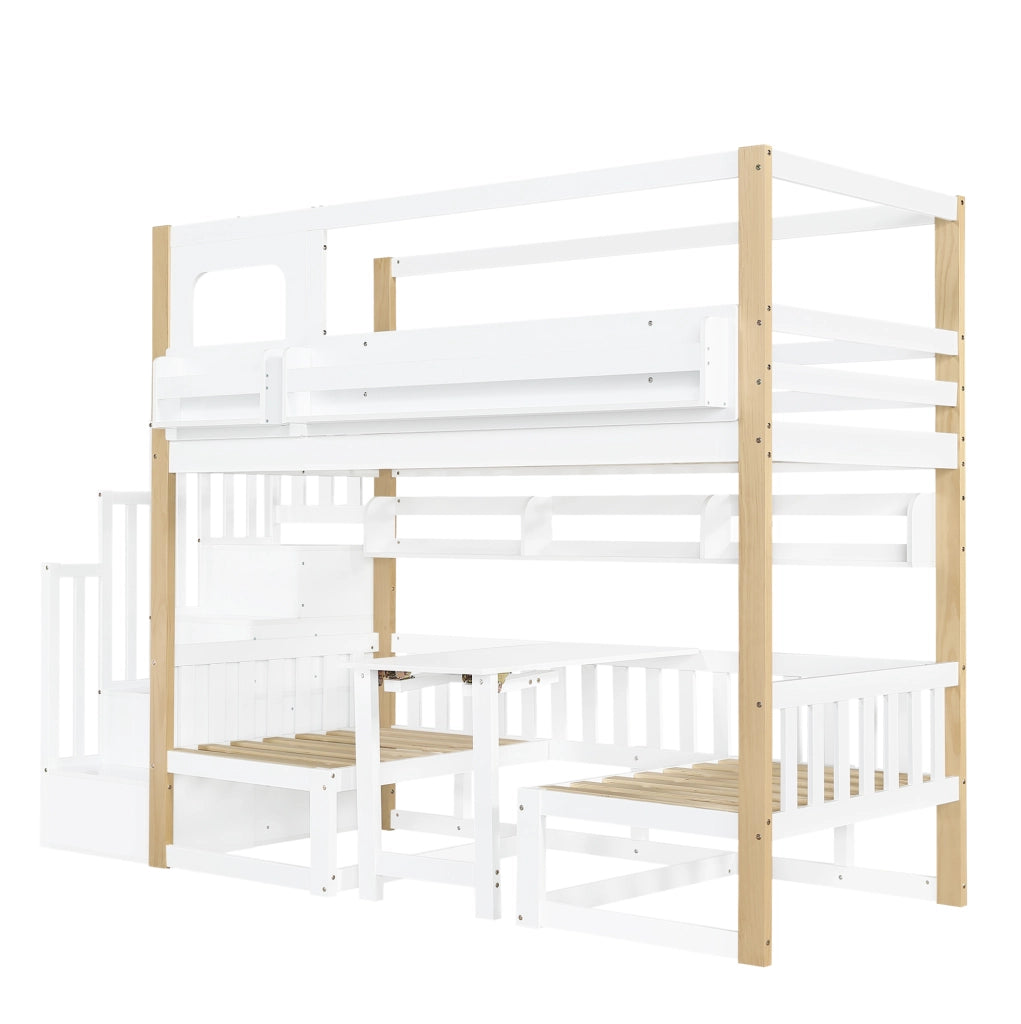 Letto a castello 90x200 cm bianco e naturale in legno e MDF con scala contenitore