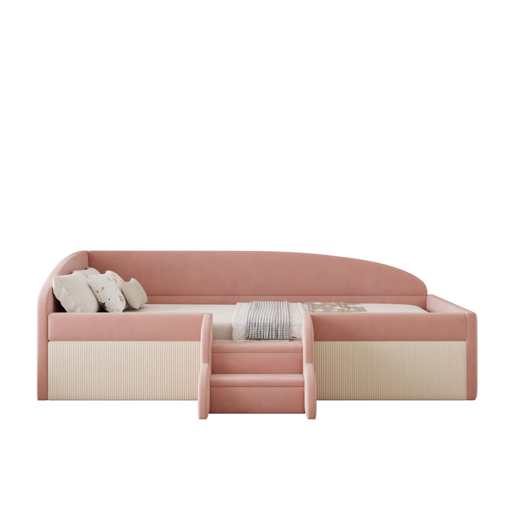 Letto per bambini 90 × 190 cm con scalini antiscivolo e sponda di sicurezza, senza materasso, velluto rosa e bianco crema