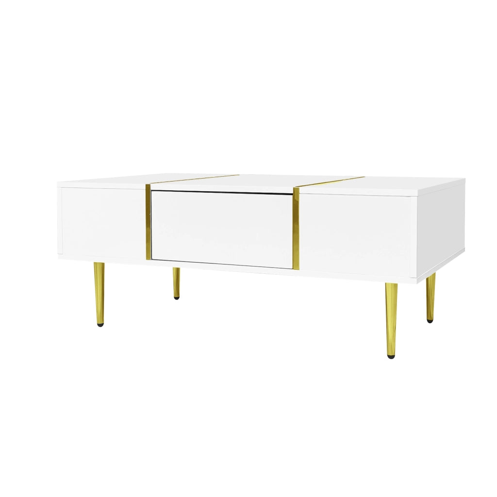 Tavolino basso con 2 cassetti finitura bianco lucido in MDF ed elementi metallici dorati 100 × 60 × 41,5 cm